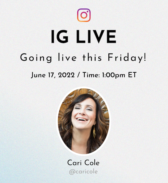 Blue gradient with an image of Cari Cole with text in black that says Going live this Friday June 17