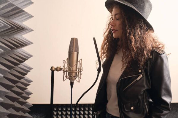 Girl with hat singing into the microphone in studio