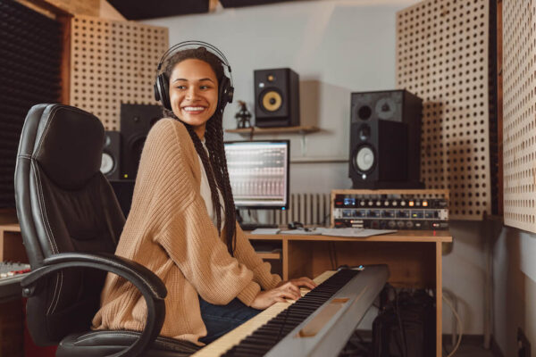 Woman sitting in a recording studio playing the piano looking off to the left