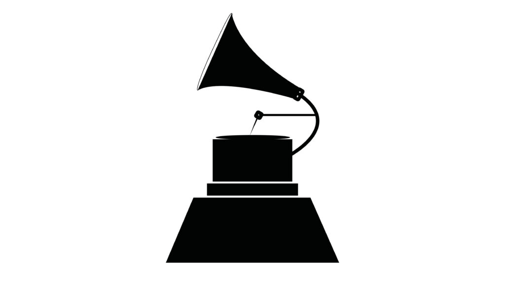 Black silhouette of a grammy award in front of a white background.