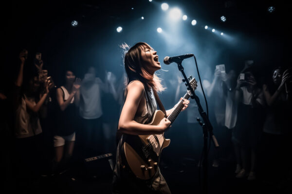 female vocal artist belting out a song while playing guitar