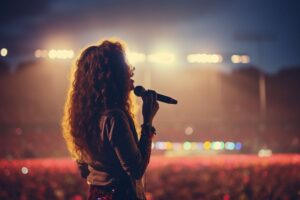 female vocal artist singing in front of large audience