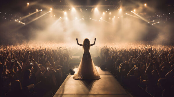 female vocal artist performing in front of a huge audience