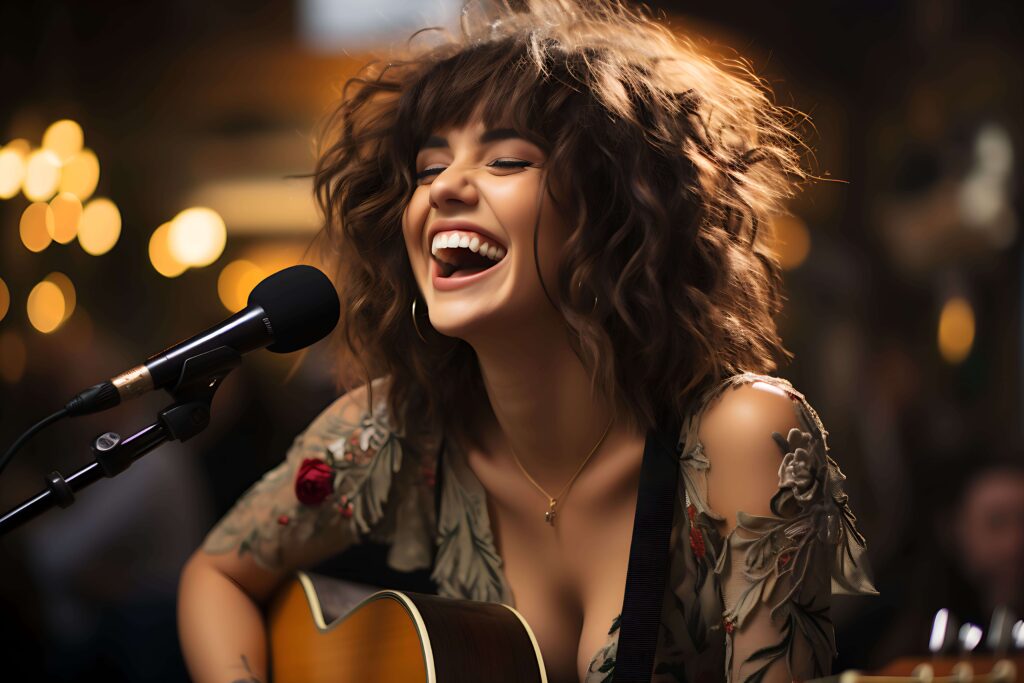 female vocal artist enjoying performing singing with her guitar