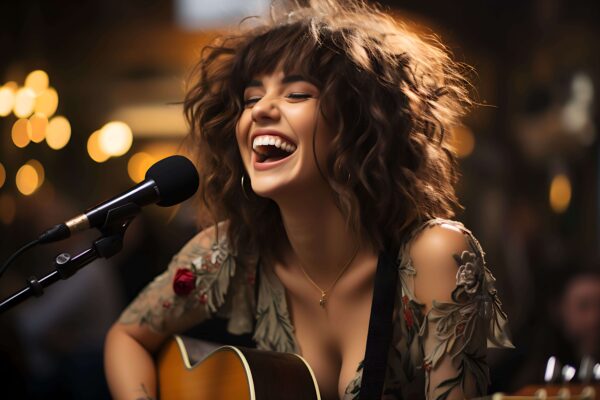 female vocal artist enjoying performing singing with her guitar
