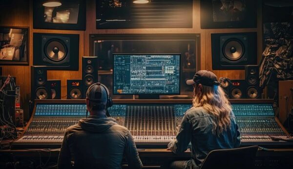 two artists sitting in front of a sound board creating their next record