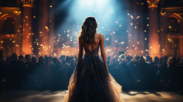 femle vocal artist perfomig in front of huge audience