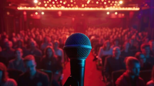 a microphone in front of an audience prepared for a vocal performance