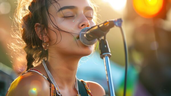 female vocal artist singing into the mic without vocal strain