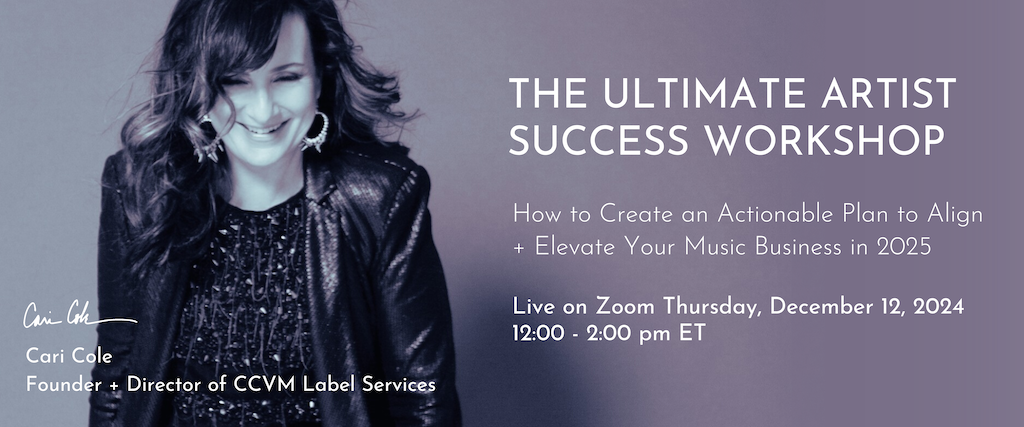 Female leader in the music industry wearing black jacket and text inviting you to a free artist success and music planning workshop