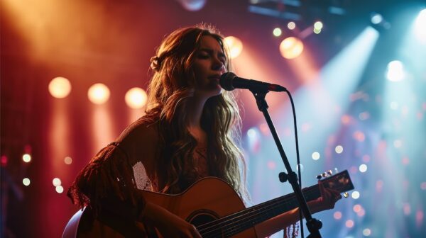 A female singer performing on stage with her guitar to stand out as a music artist.