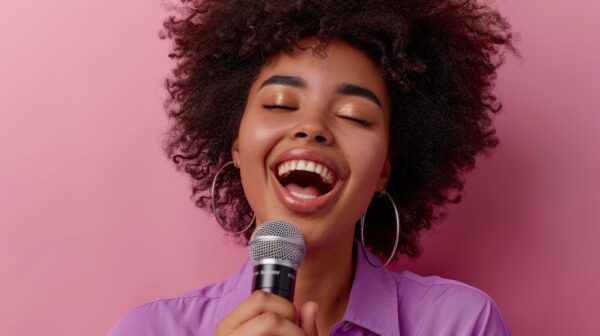 A young woman with curly hair and hoop earrings sings passionately into a microphone against a pink background.
