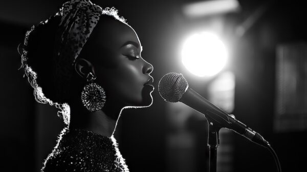 A dramatic black and white portrait of a female singer in mid-performance, singing into a microphone under a stage spotlight