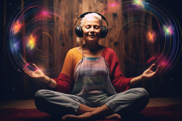 Healing Sounds and Sound Therapy using Sound Frequencies. Sound healing well-being vibrations open, clear and balance chakras and energy. Mature woman in headset in sound healing therapy and meditation