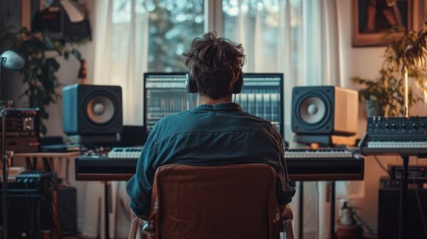 Struggling musician exploring songwriting, music career, home recording studio, brainwave harmony visualizations, diverse patient avatars, healing atmosphere