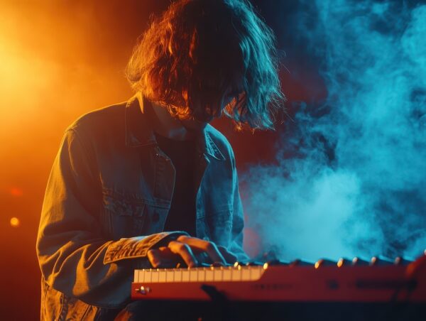 A captivating image of a music artist engrossed in a powerful performance on stage. The dramatic lighting and smoky atmosphere enhance the intensity of the moment.