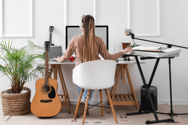 Female musician with headphones using laptop at table in studio, back view. researching how to increase reach as an independent artist