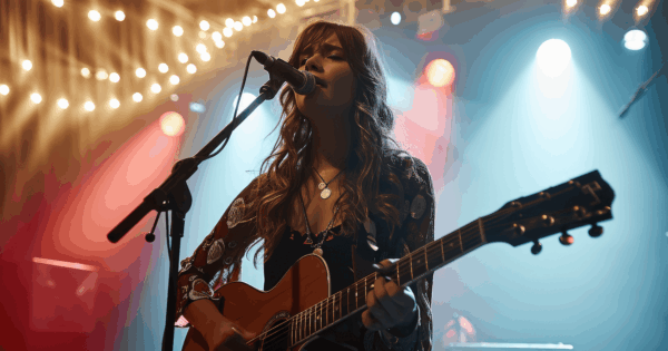Young woman singing with guitar on stage