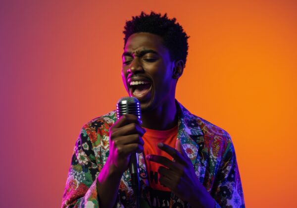 Male African American singer singing and improving vocal technique in front of an orange background