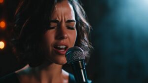 Brunette woman singing into microphone