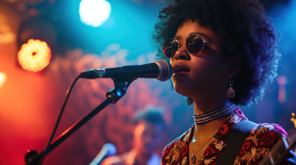 A young woman with curly hair and sunglasses signing into a microphone on stage
