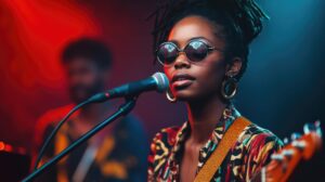 Young woman with sunglasses singing into mic with bandmate behind her