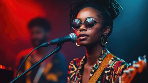 Young woman with sunglasses singing into mic with bandmate behind her