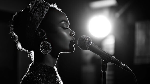 Woman singing into microphone
