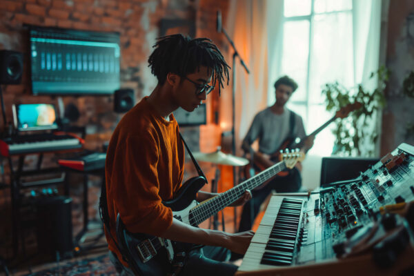 Young man on keyboard with guitar and bandmate in the background