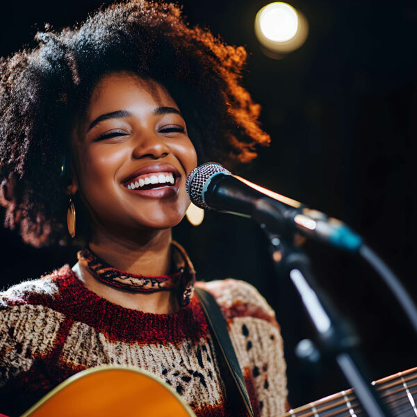 Smiling woman singing into a microphone while playing guitar on stage, wearing a patterned sweater and earrings under warm stage lighting.