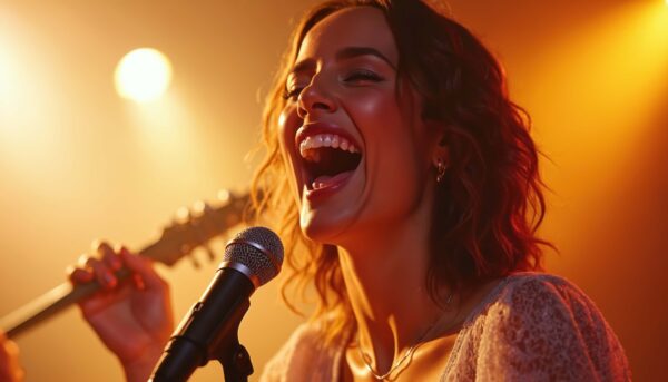 Smiling woman passionately singing into a microphone on stage under warm orange lighting, with a guitarist playing in the background.