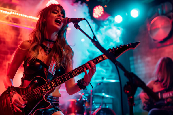 Woman Singing and Playing Electric Guitar on Stage