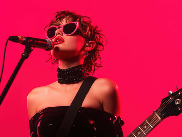 A female singer wearing pink sunglasses and a black outfit sings into a microphone while holding a guitar, against a bold red background.