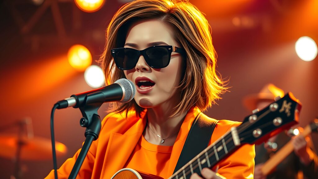 woman in orange suit singing while playing guitar