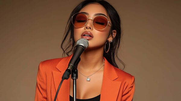 woman with sunglasses singing on state with mic and orange jacket