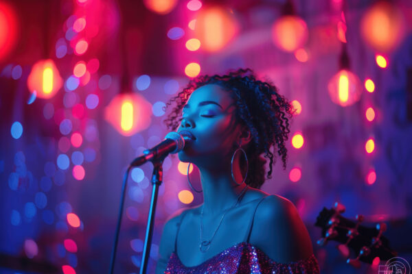 a woman singing into a microphone on stage. Her eyes are closed, and she looks deeply immersed in the music.