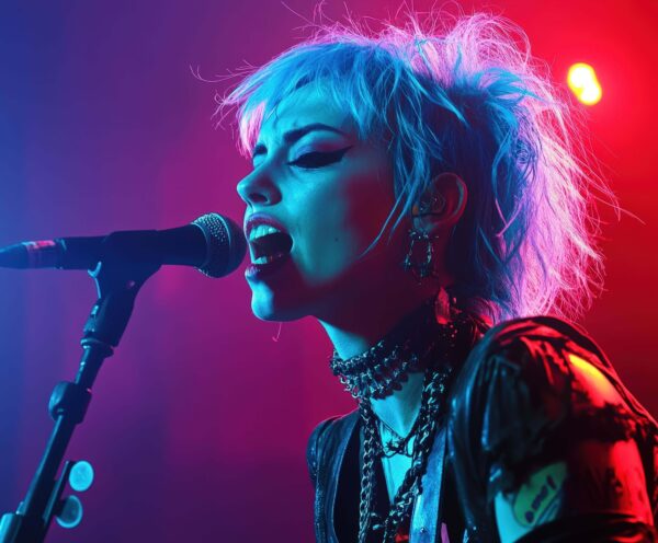 A singer with bright blue hair performs passionately into a microphone onstage, illuminated by vibrant pink and blue lighting.