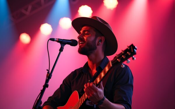 Man with guitar singing on a vibrantly lit stage