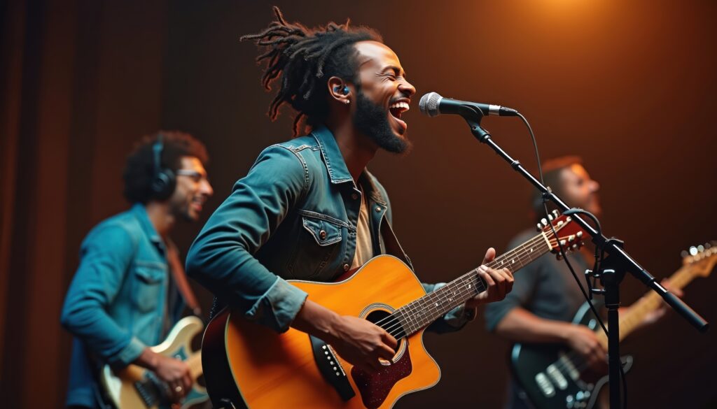 Man singing on a stage while playing guitar