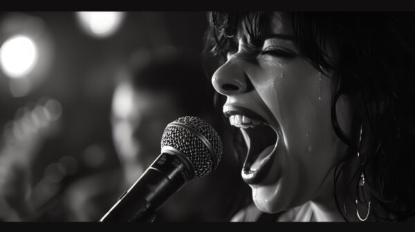 Vocalist belting out lyrics with raw emotion, close-up on the passion and energy of a rock concert