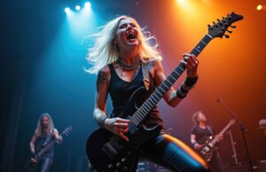 woman with guitar in the center of a brightly lit stage
