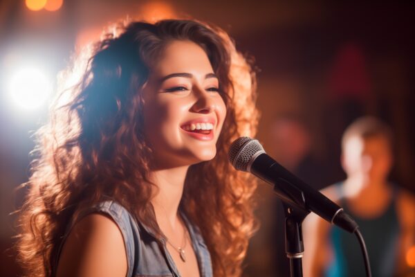 singer with a warm smile stands in front of a microphone