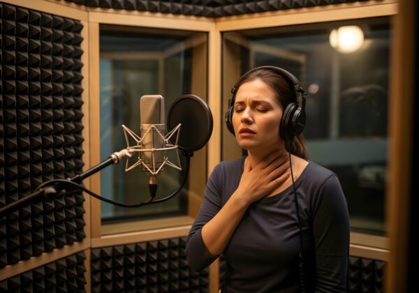 woman singing in recording booth wearing headphones, she is holding her throat with her hand