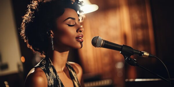 professional photo of jazz singer in recording studio