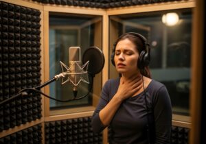 Woman in recording booth grabbing at her throat due to vocal strain