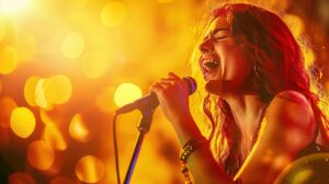 Happy young female singing with microphone