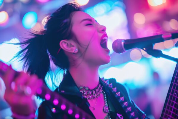 Energetic female rock singer passionately performs on stage with guitar, vibrant lights creating a dynamic atmosphere.