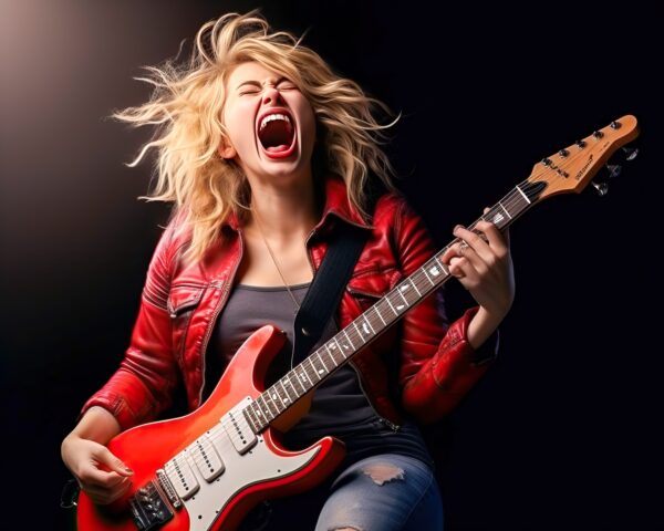 female rockstar, playing the guitar